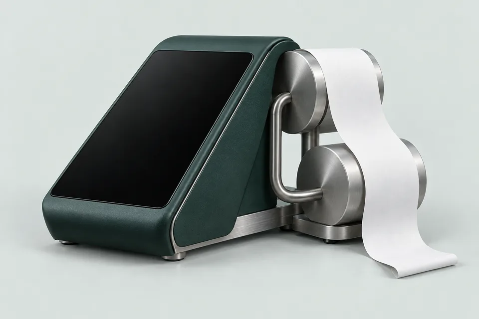 Illustrated payment terminal and receipt roll.