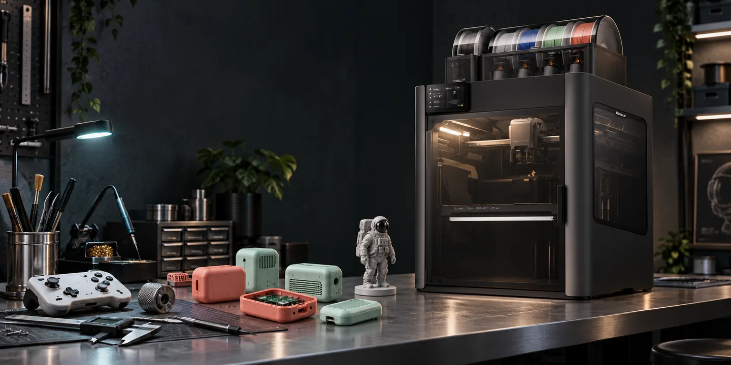 A 3D maker’s workbench with an H2C printer, printed gadget enclosures, electronics, and a miniature astronaut.